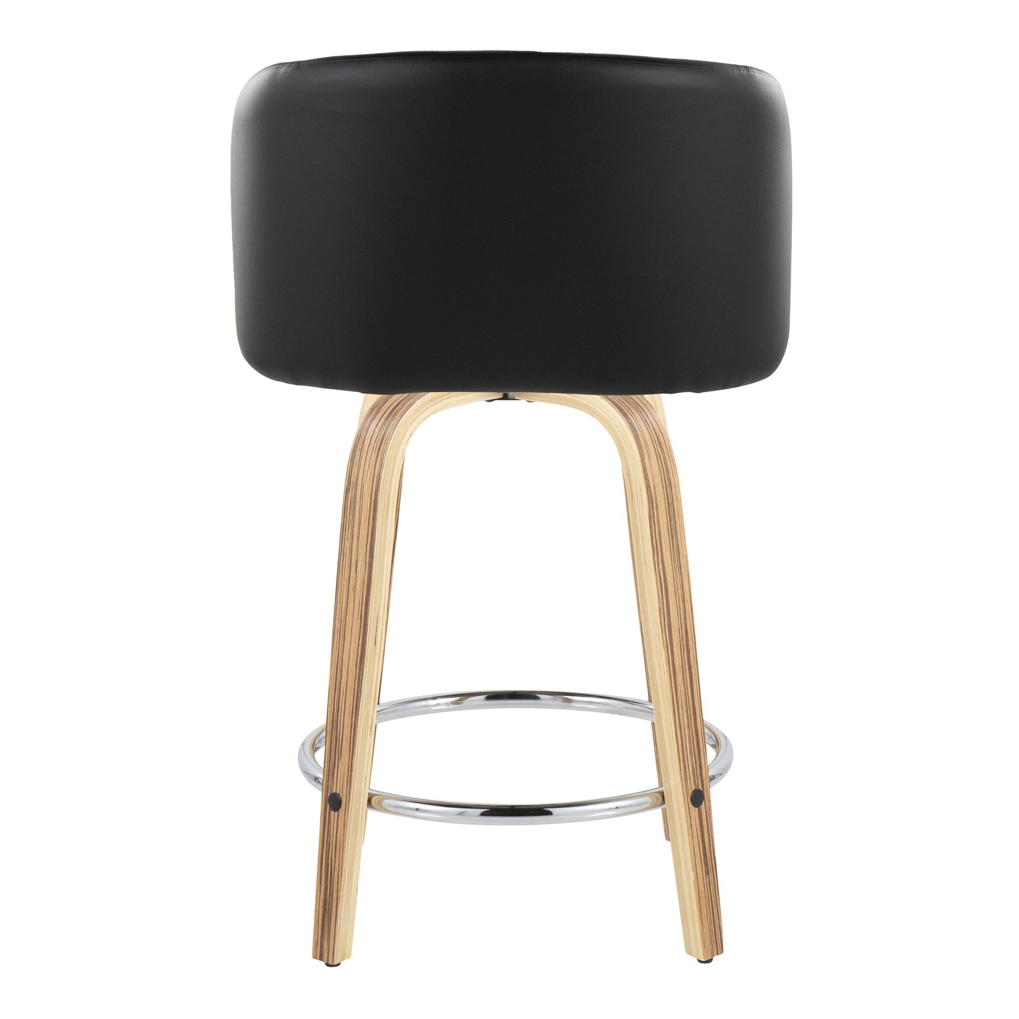 Fran 24" Fixed-Height Counter Stool - Set of 2 - Zebra Wood, Black PU, Chrome Metal