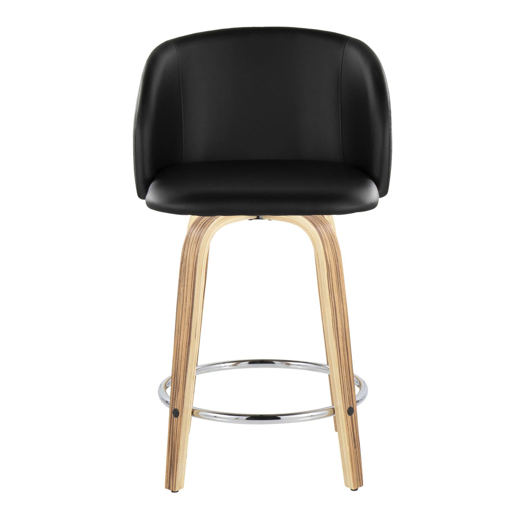 Fran 24" Fixed-Height Counter Stool - Set of 2 - Zebra Wood, Black PU, Chrome Metal