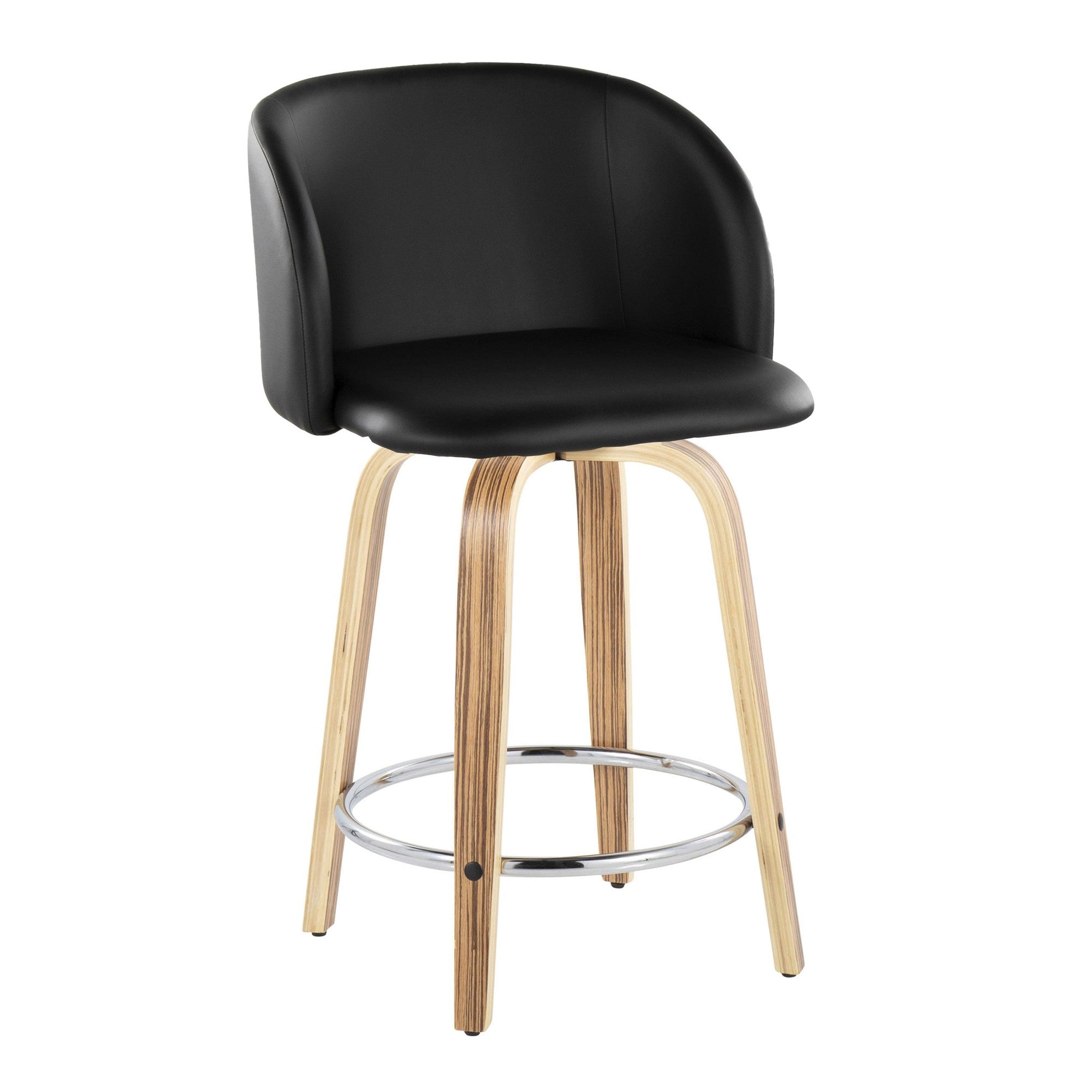 Fran 24" Fixed-Height Counter Stool - Set of 2 - Zebra Wood, Black PU, Chrome Metal