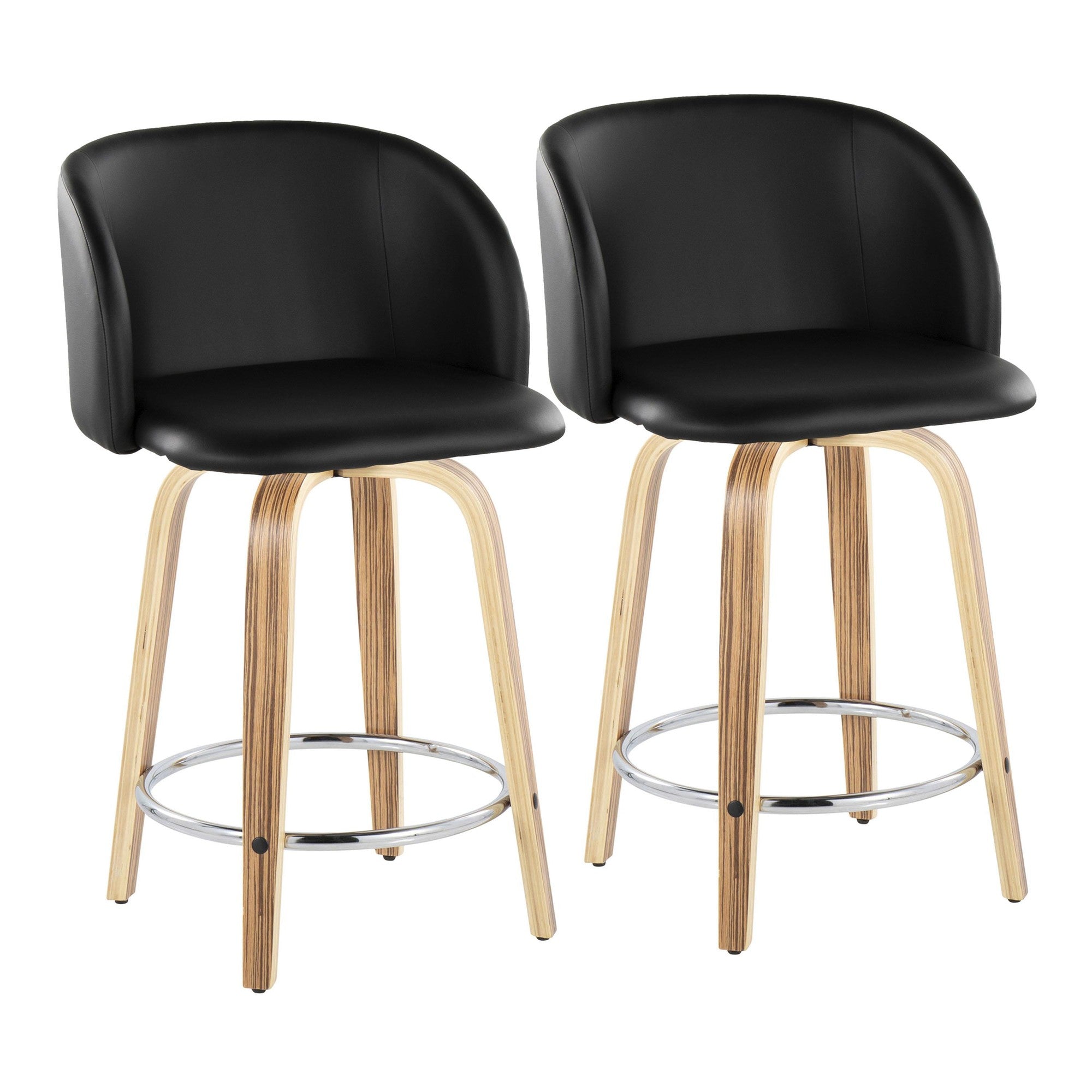 Fran 24" Fixed-Height Counter Stool - Set of 2 - Zebra Wood, Black PU, Chrome Metal