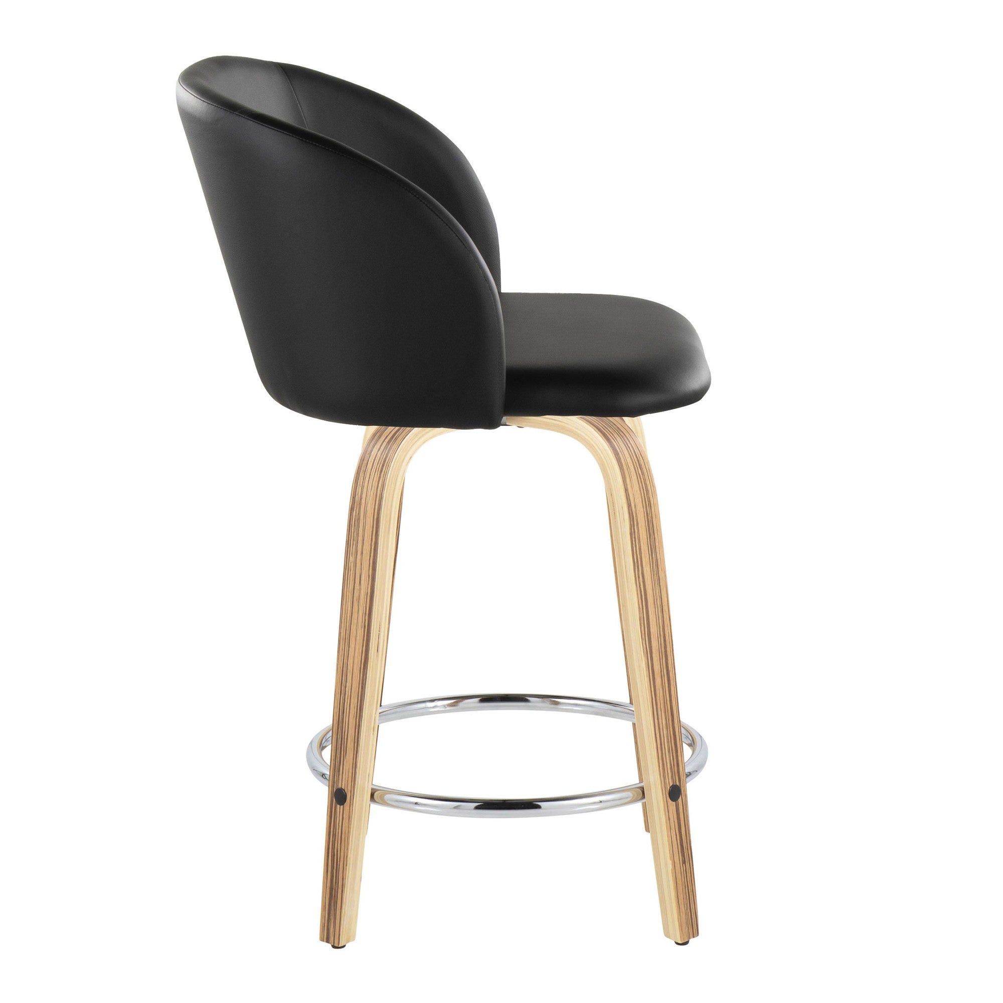 Fran 24" Fixed-Height Counter Stool - Set of 2 - Zebra Wood, Black PU, Chrome Metal