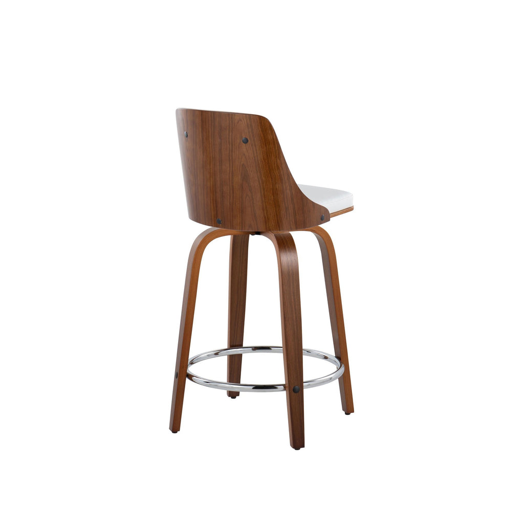 Gianna 24" Fixed-Height Counter Stool - Set of 2 - Walnut Wood, Chrome Footrest, White PU