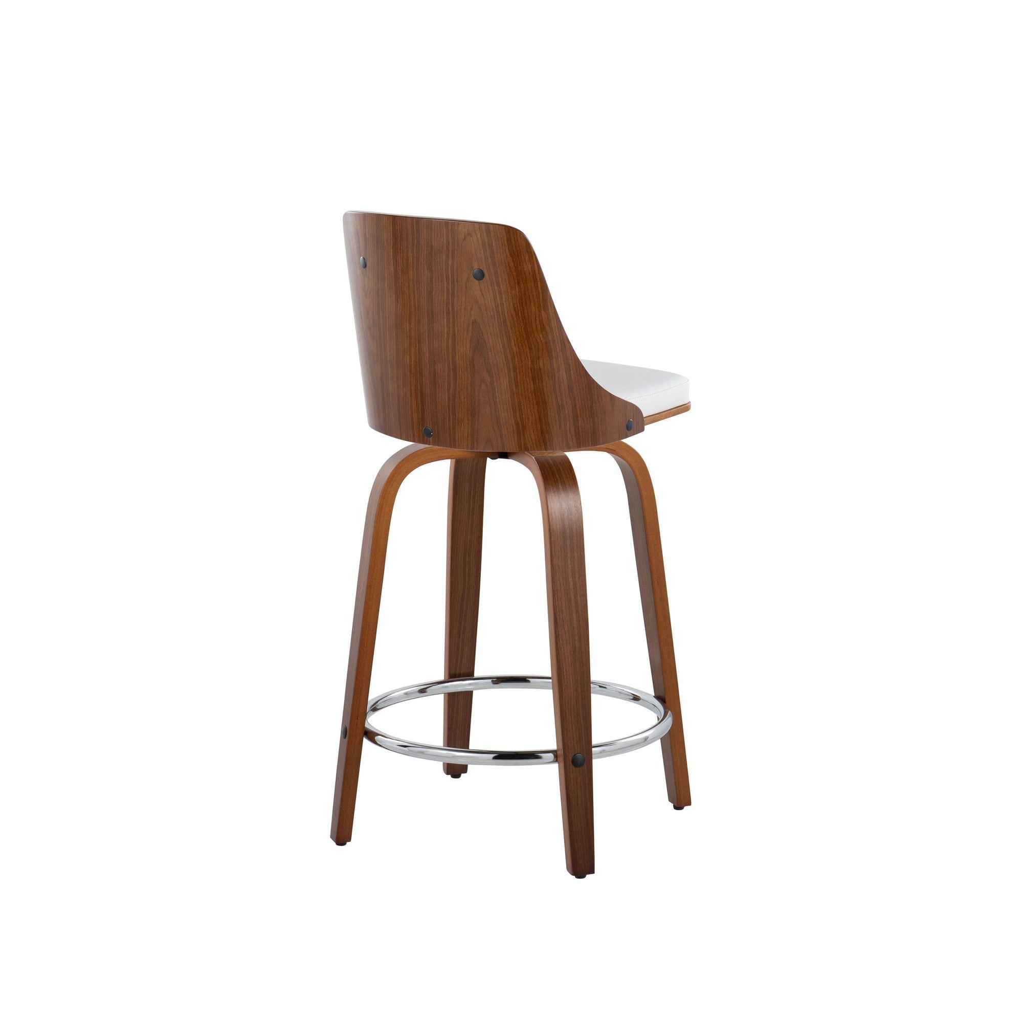 Gianna 24" Fixed-Height Counter Stool - Set of 2 - Walnut Wood, Chrome Footrest, White PU