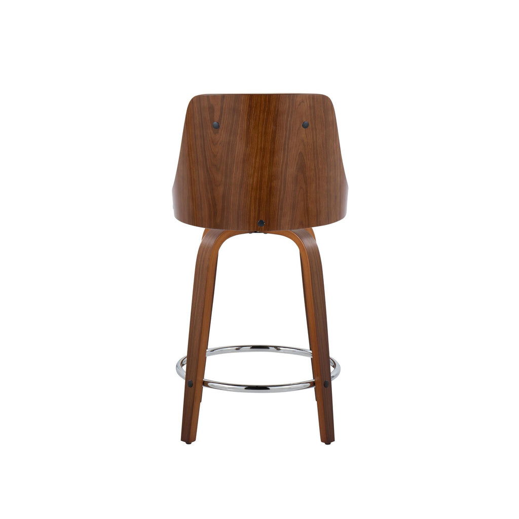 Gianna 24" Fixed-Height Counter Stool - Set of 2 - Walnut Wood, Chrome Footrest, White PU