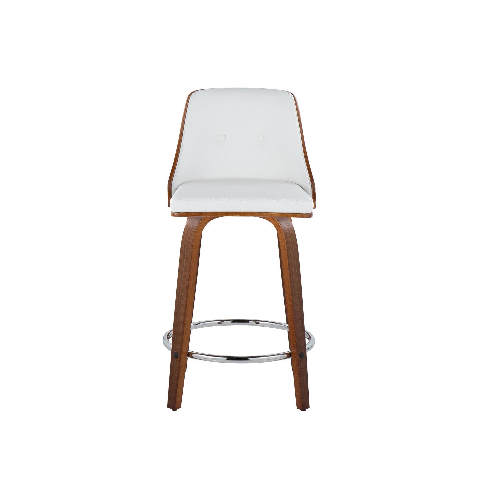 Gianna 24" Fixed-Height Counter Stool - Set of 2 - Walnut Wood, Chrome Footrest, White PU
