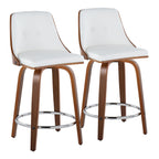Gianna 24" Fixed-Height Counter Stool - Set of 2 - Walnut Wood, Chrome Footrest, White PU