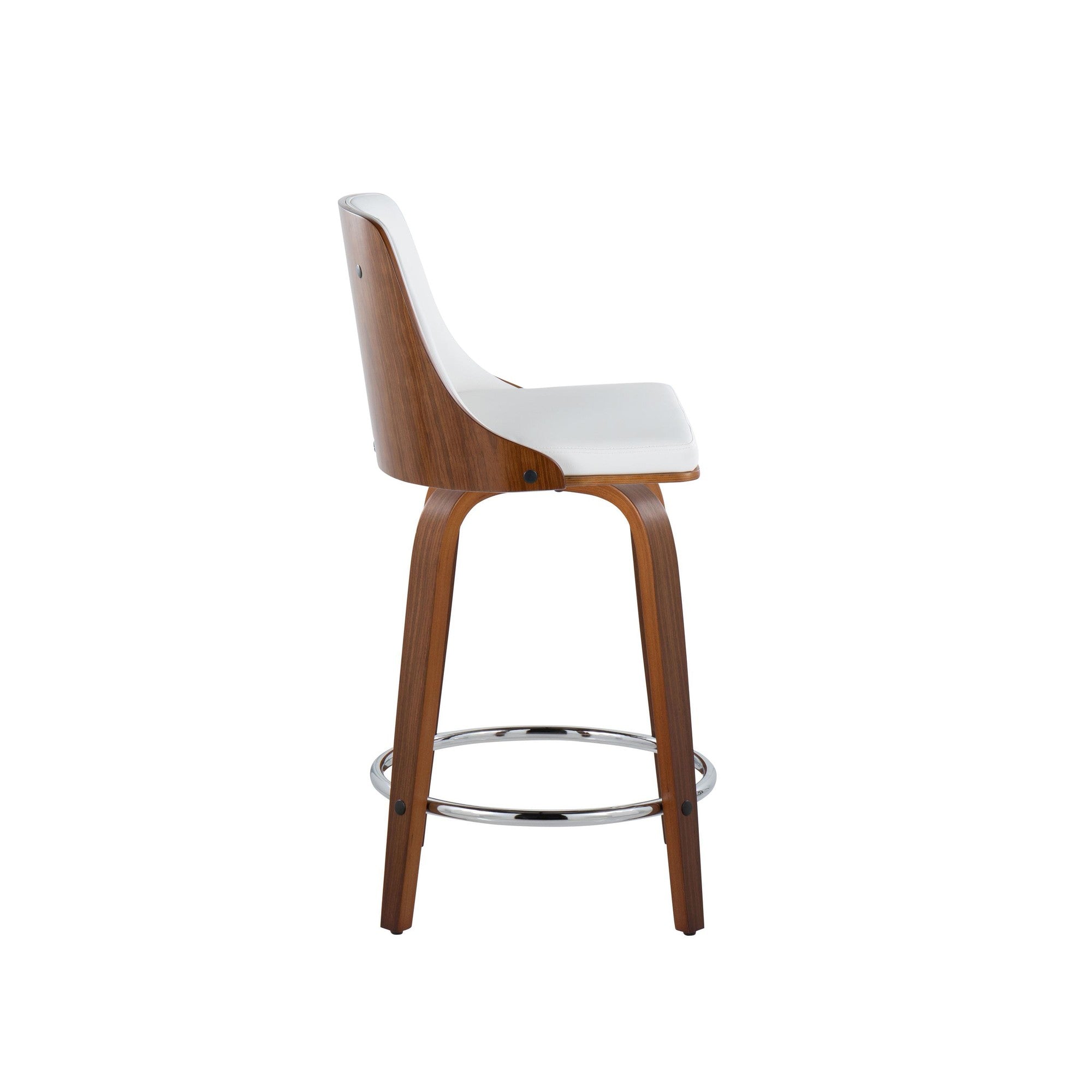 Gianna 24" Fixed-Height Counter Stool - Set of 2 - Walnut Wood, Chrome Footrest, White PU