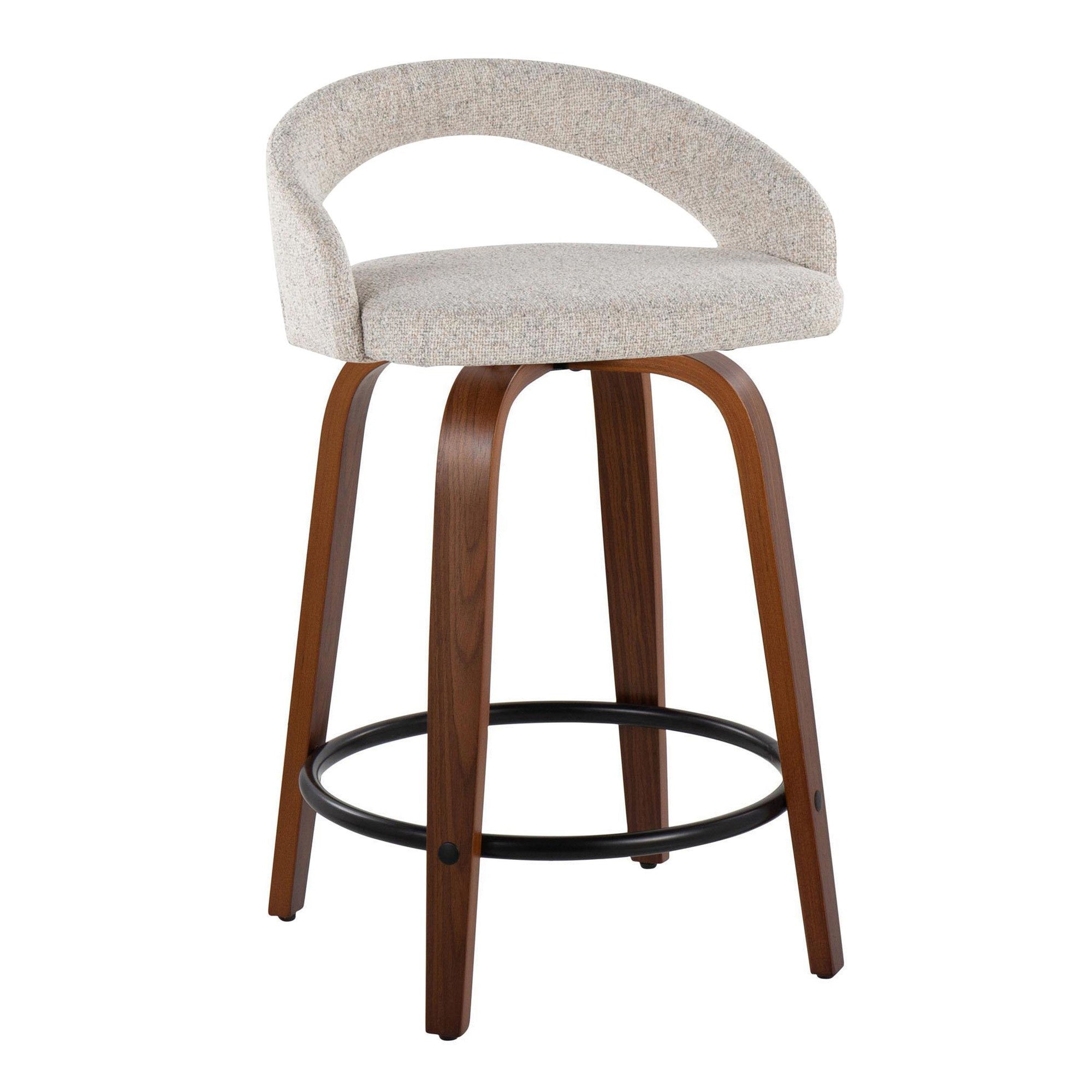 Grotto Upholstered 24" Fixed-Height Counter Stool - Set of 2 - Walnut Wood, Oat Noise Fabric, Black Metal