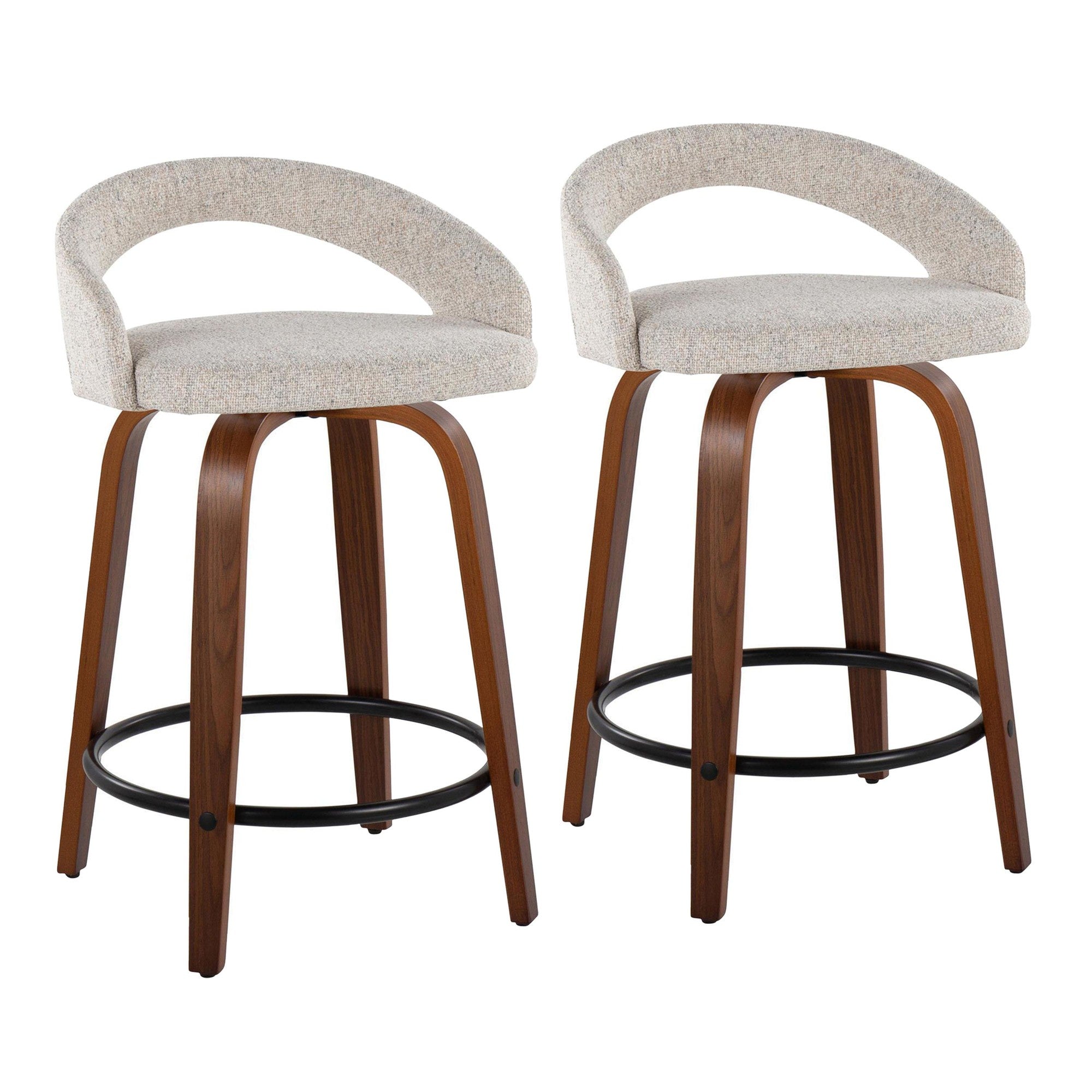 Grotto Upholstered 24" Fixed-Height Counter Stool - Set of 2 - Walnut Wood, Oat Noise Fabric, Black Metal