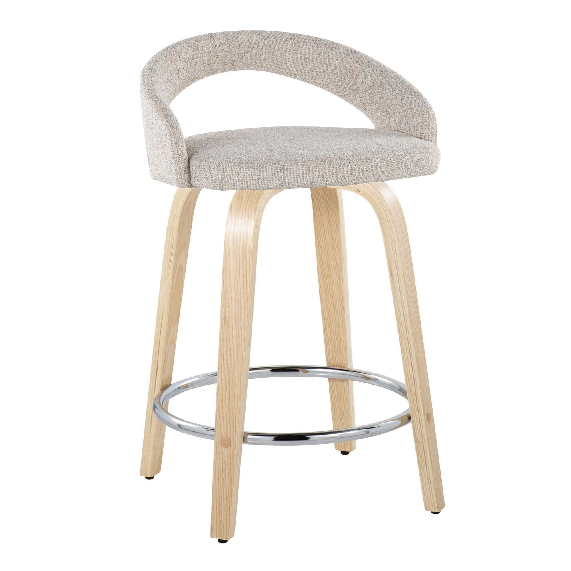 Grotto Upholstered 24" Fixed-Height Counter Stool - Set of 2 - Natural Wood, Oat Noise Fabric, Chrome Metal