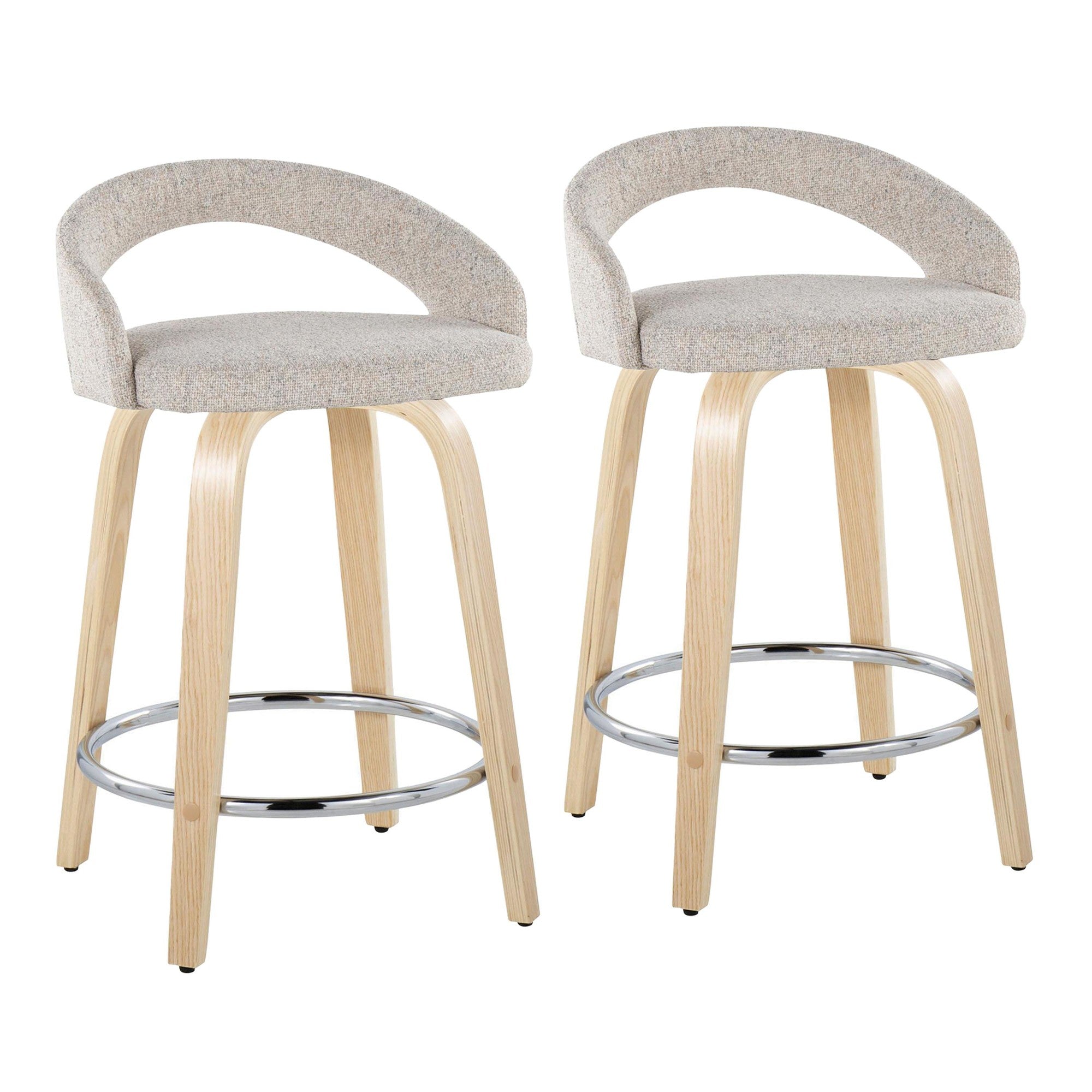 Grotto Upholstered 24" Fixed-Height Counter Stool - Set of 2 - Natural Wood, Oat Noise Fabric, Chrome Metal