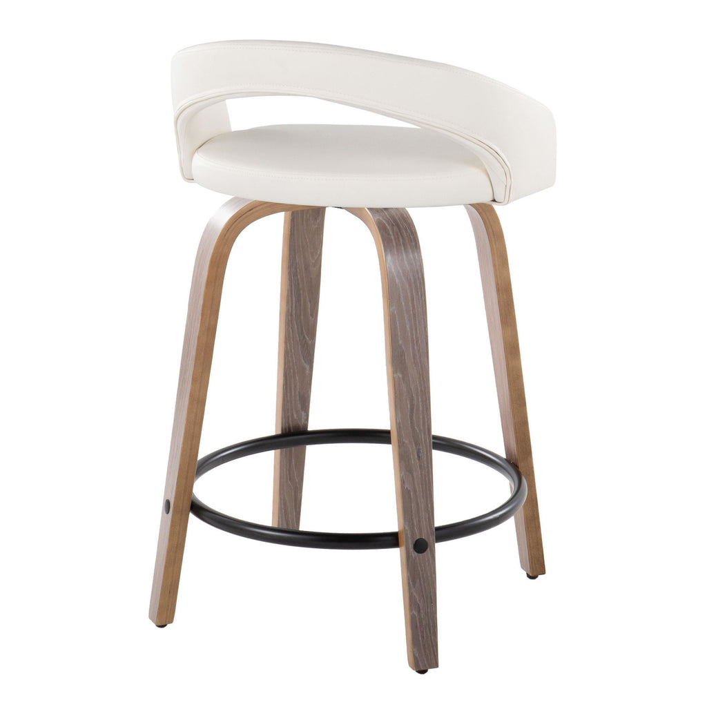 Grotto Upholstered 24" Fixed-Height Counter Stool - Set of 2 - Light Grey Wood, White PU, Black Metal