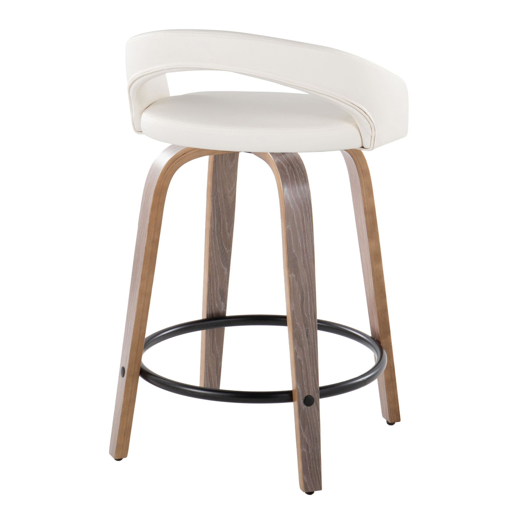 Grotto Upholstered 24" Fixed-Height Counter Stool - Set of 2 - Light Grey Wood, White PU, Black Metal