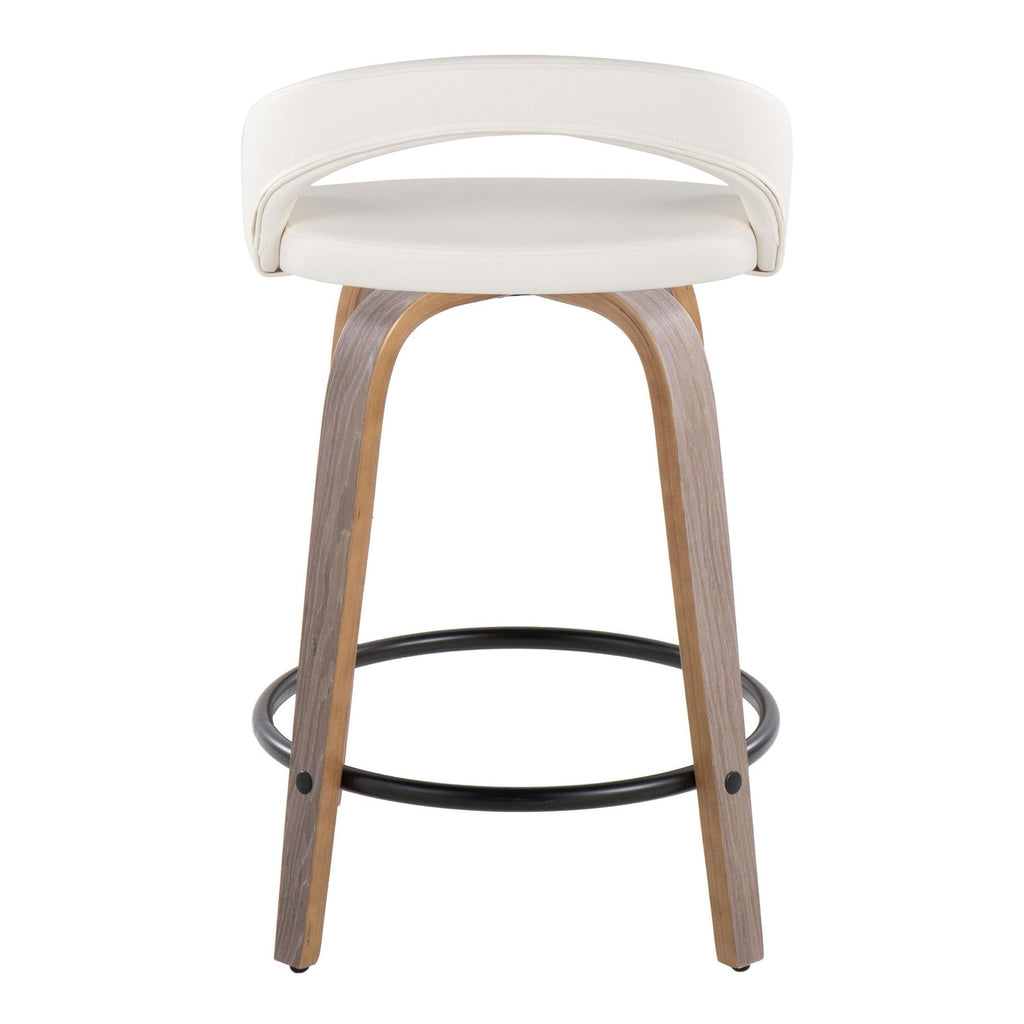 Grotto Upholstered 24" Fixed-Height Counter Stool - Set of 2 - Light Grey Wood, White PU, Black Metal