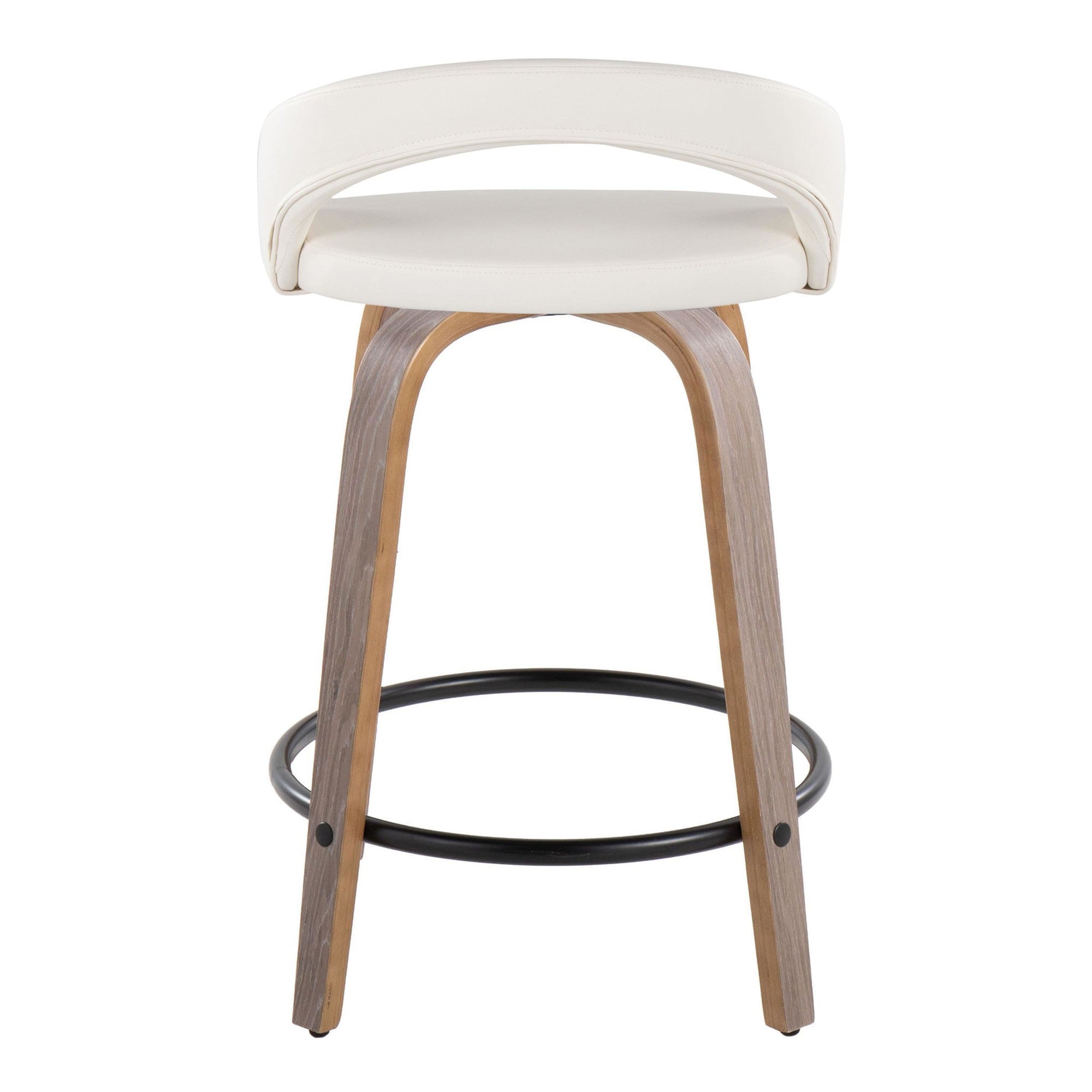 Grotto Upholstered 24" Fixed-Height Counter Stool - Set of 2 - Light Grey Wood, White PU, Black Metal