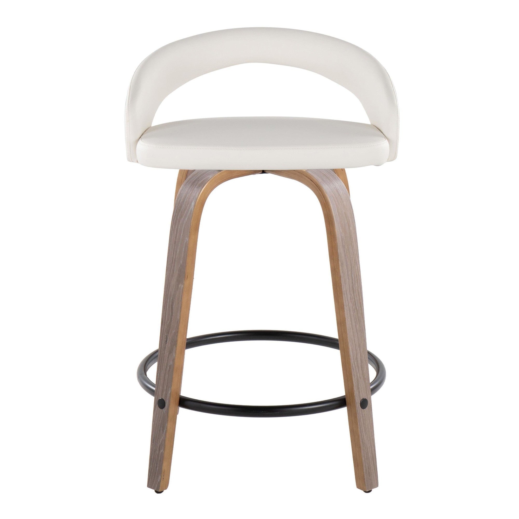 Grotto Upholstered 24" Fixed-Height Counter Stool - Set of 2 - Light Grey Wood, White PU, Black Metal