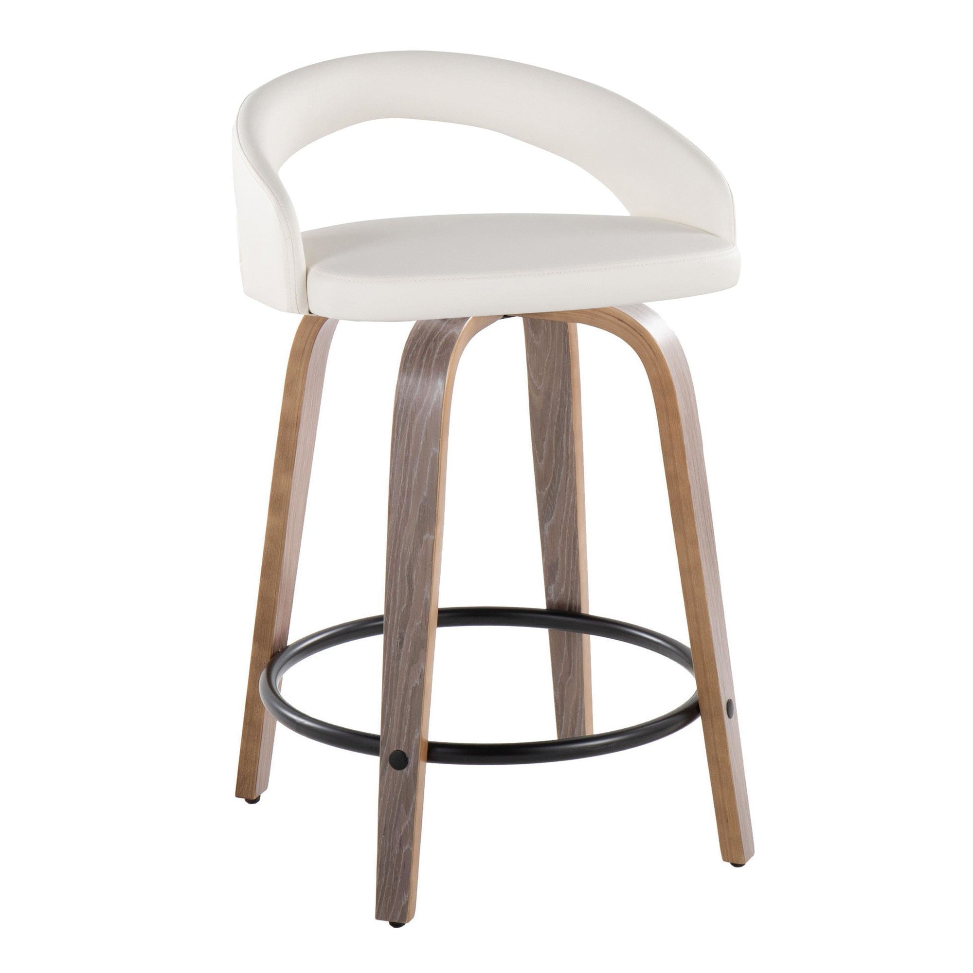 Grotto Upholstered 24" Fixed-Height Counter Stool - Set of 2 - Light Grey Wood, White PU, Black Metal