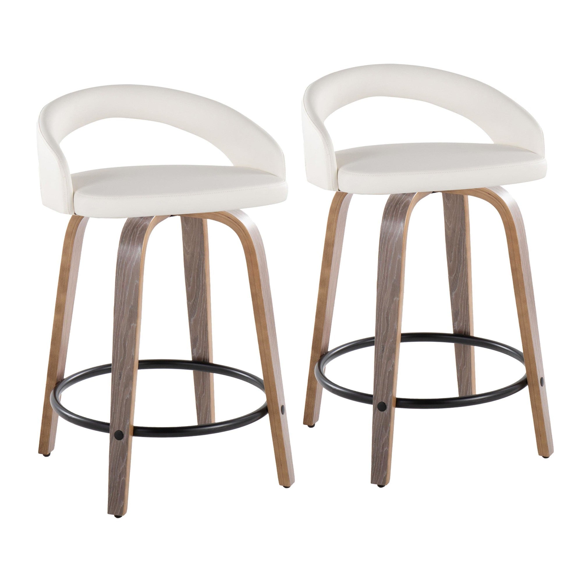 Grotto Upholstered 24" Fixed-Height Counter Stool - Set of 2 - Light Grey Wood, White PU, Black Metal