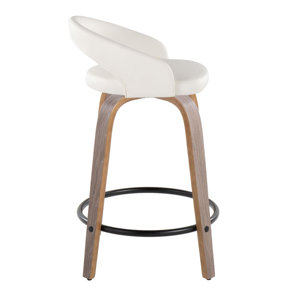 Grotto Upholstered 24" Fixed-Height Counter Stool - Set of 2 - Light Grey Wood, White PU, Black Metal