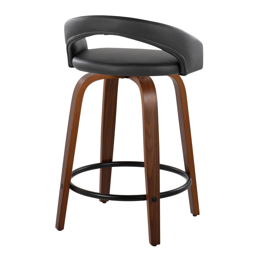 Grotto Upholstered 24" Fixed-Height Counter Stool - Set of 2 - Walnut Wood, Black PU, Black Metal