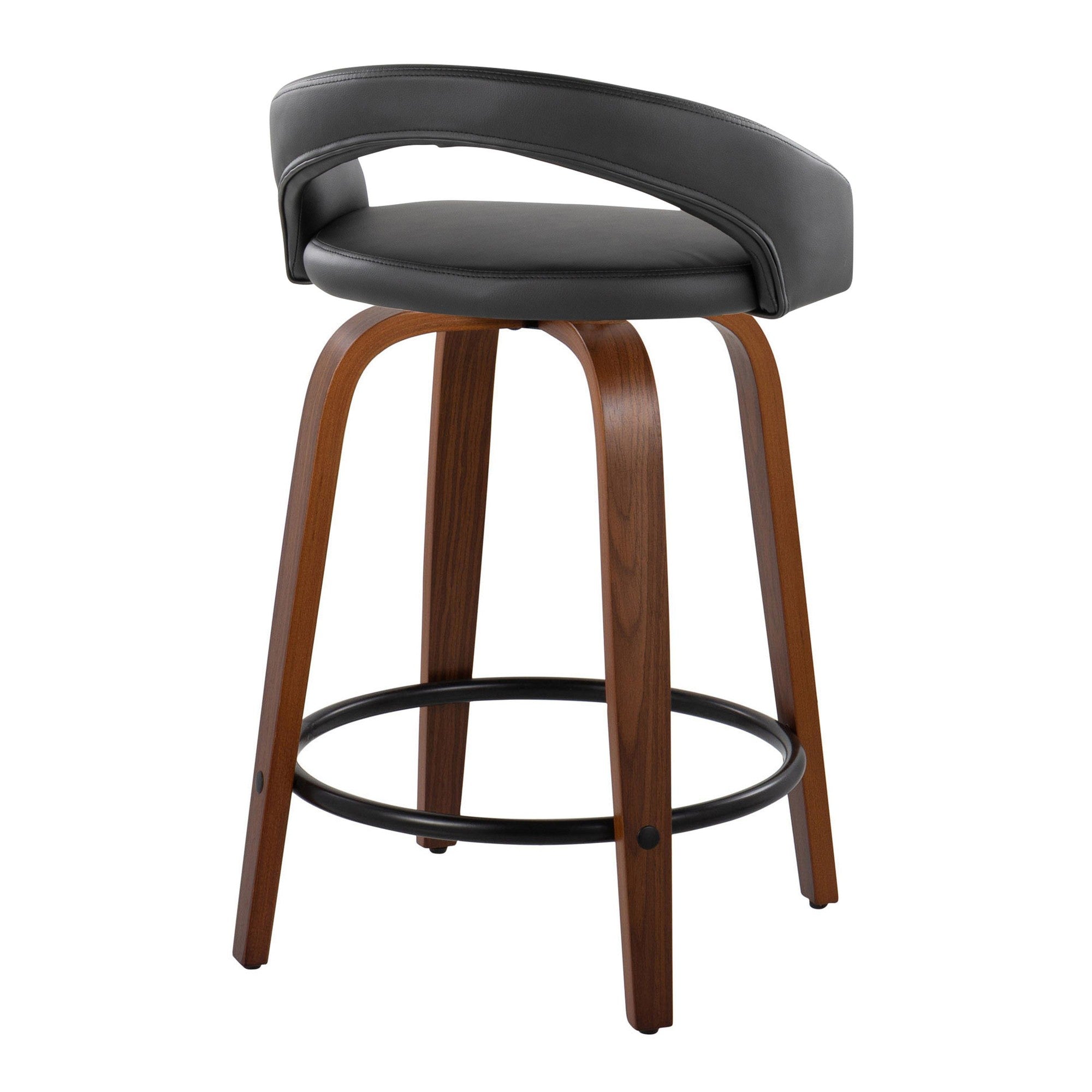 Grotto Upholstered 24" Fixed-Height Counter Stool - Set of 2 - Walnut Wood, Black PU, Black Metal