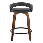 Grotto Upholstered 24" Fixed-Height Counter Stool - Set of 2 - Walnut Wood, Black PU, Black Metal