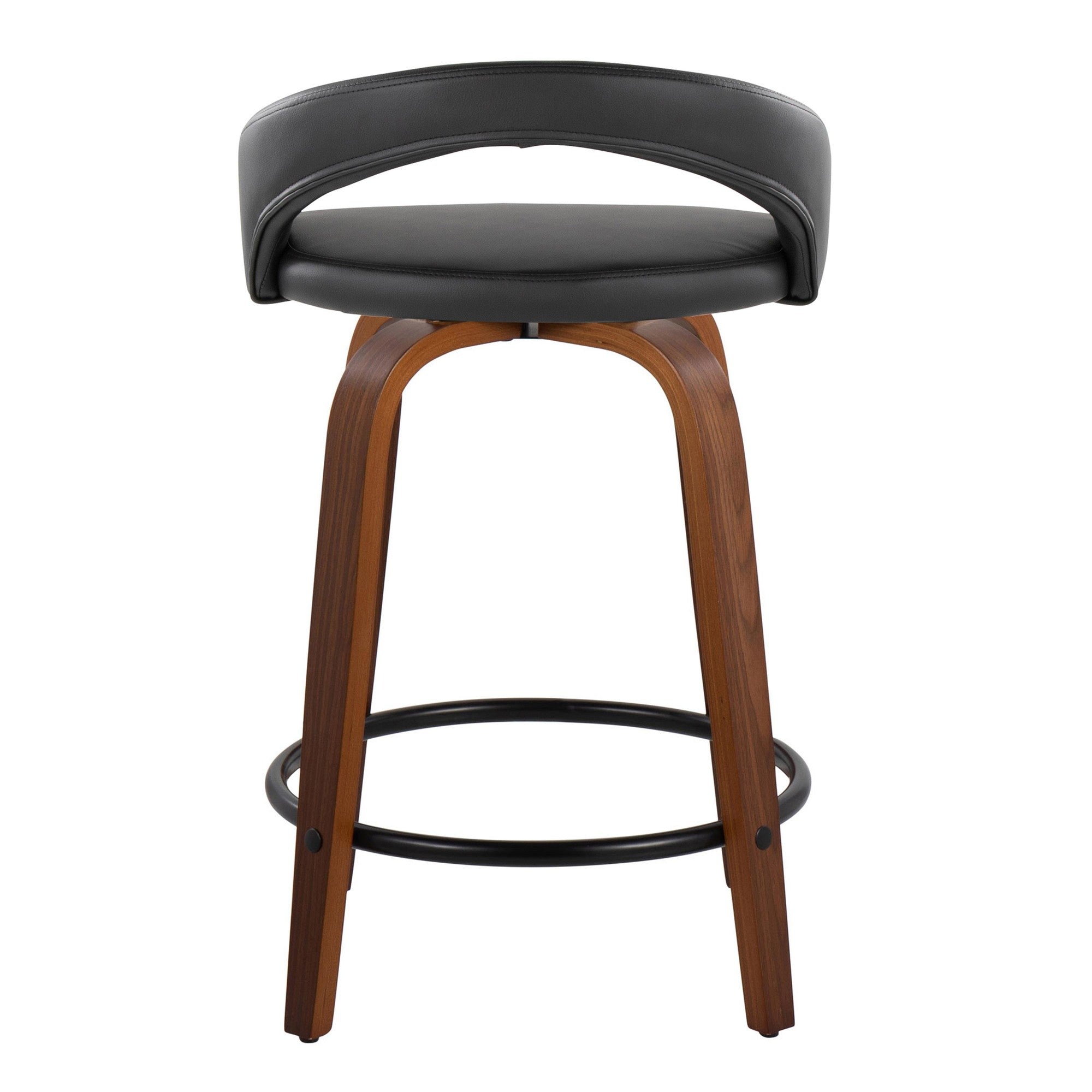 Grotto Upholstered 24" Fixed-Height Counter Stool - Set of 2 - Walnut Wood, Black PU, Black Metal