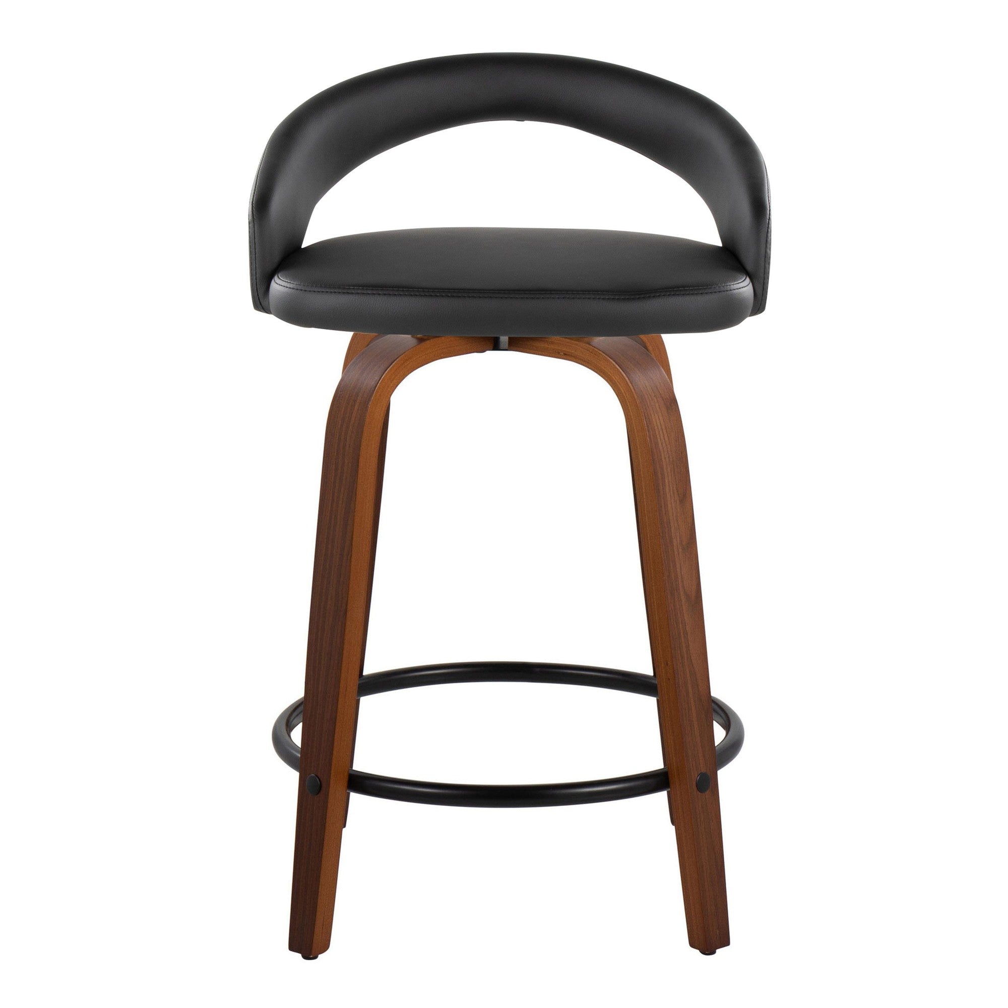 Grotto Upholstered 24" Fixed-Height Counter Stool - Set of 2 - Walnut Wood, Black PU, Black Metal
