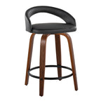 Grotto Upholstered 24" Fixed-Height Counter Stool - Set of 2 - Walnut Wood, Black PU, Black Metal