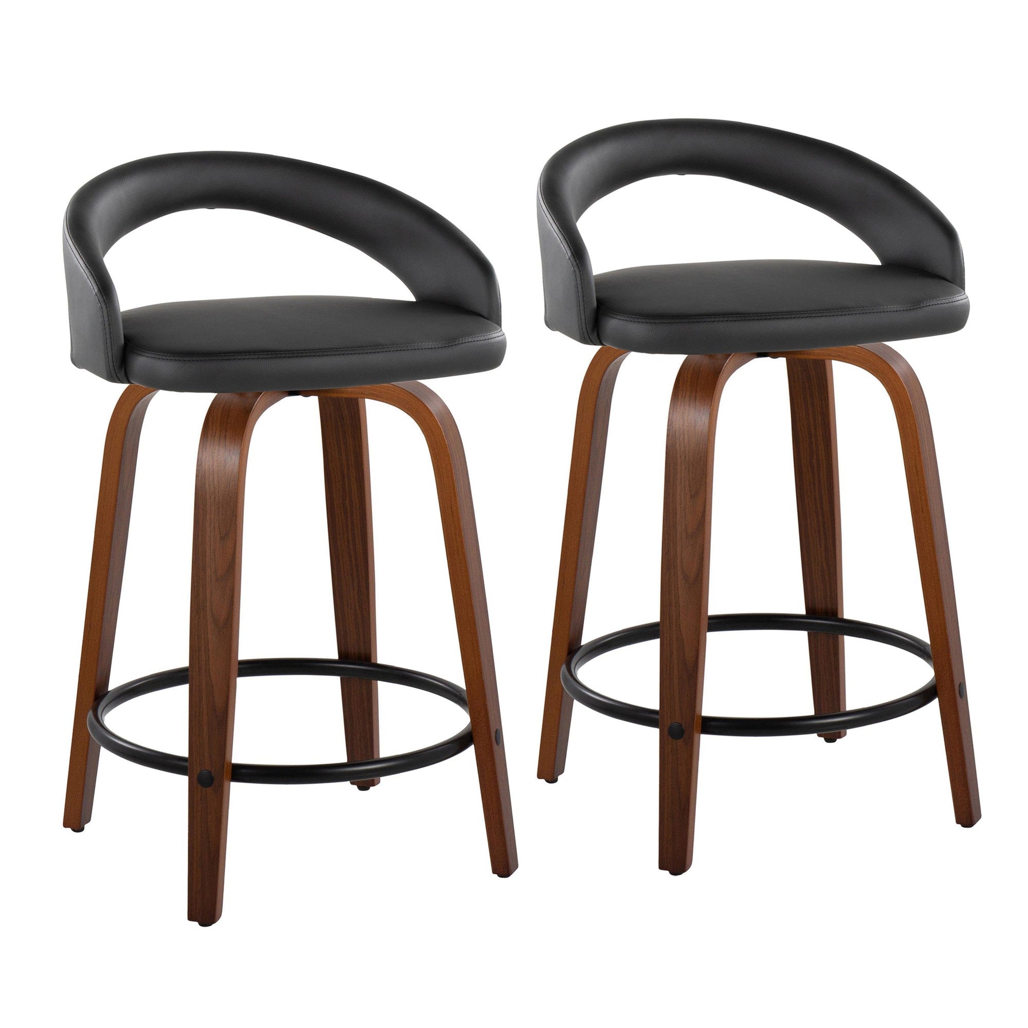Grotto Upholstered 24" Fixed-Height Counter Stool - Set of 2 - Walnut Wood, Black PU, Black Metal