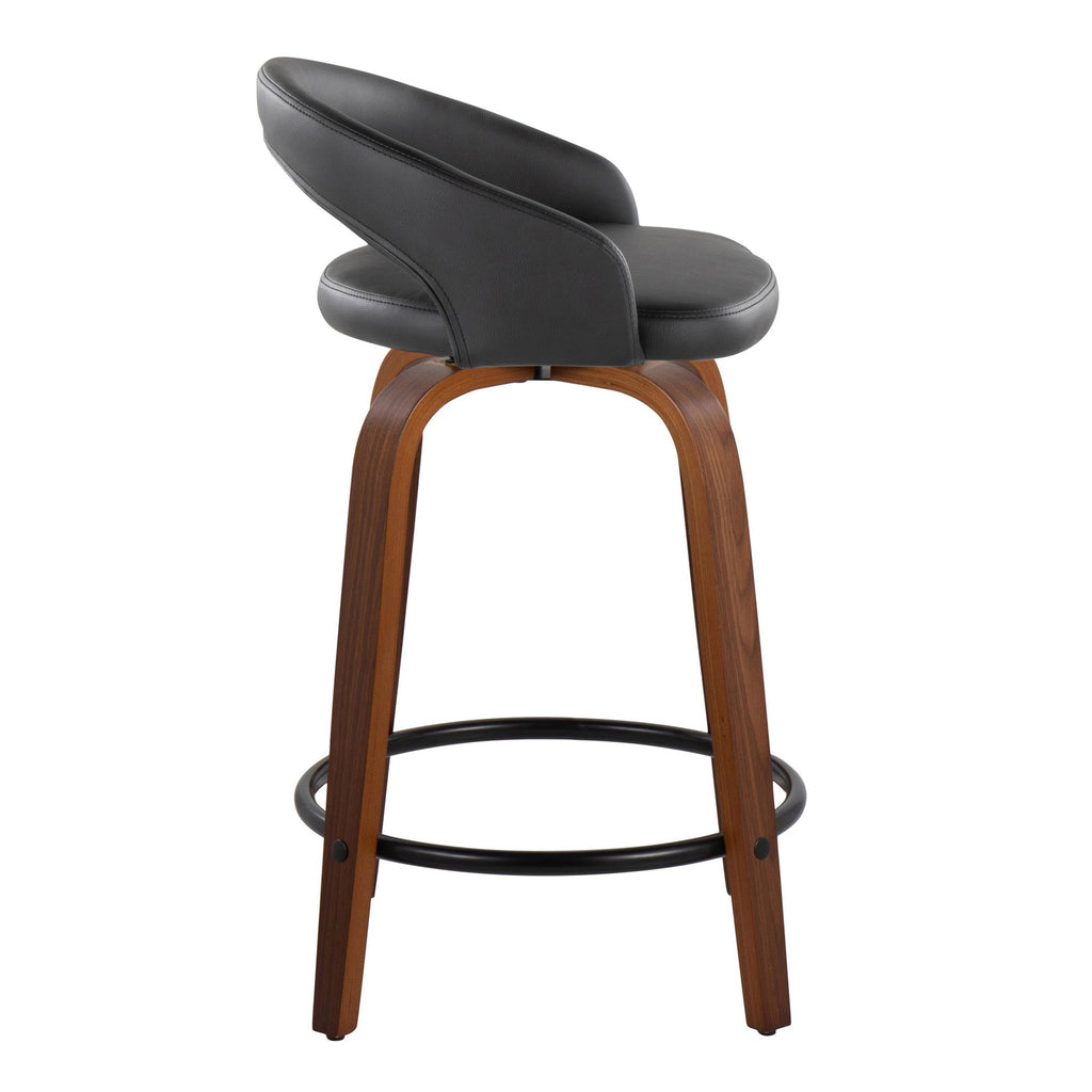 Grotto Upholstered 24" Fixed-Height Counter Stool - Set of 2 - Walnut Wood, Black PU, Black Metal