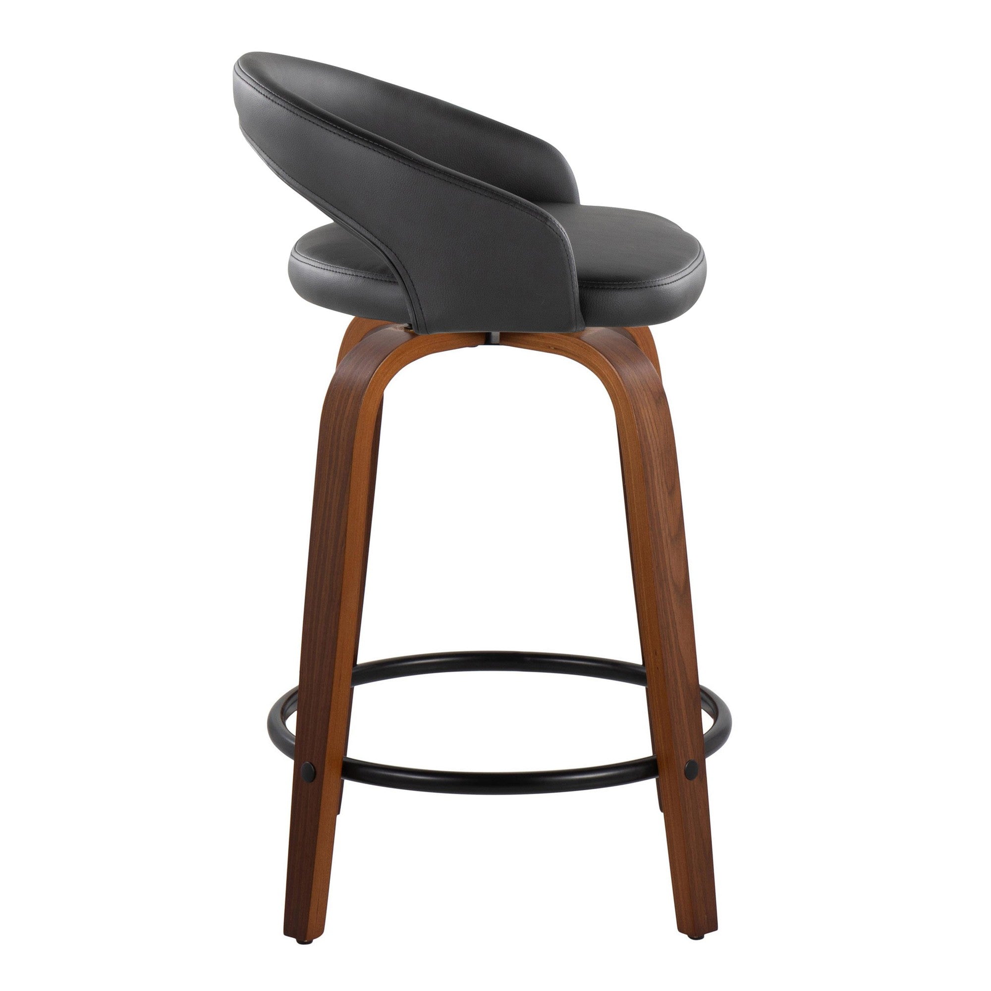 Grotto Upholstered 24" Fixed-Height Counter Stool - Set of 2 - Walnut Wood, Black PU, Black Metal