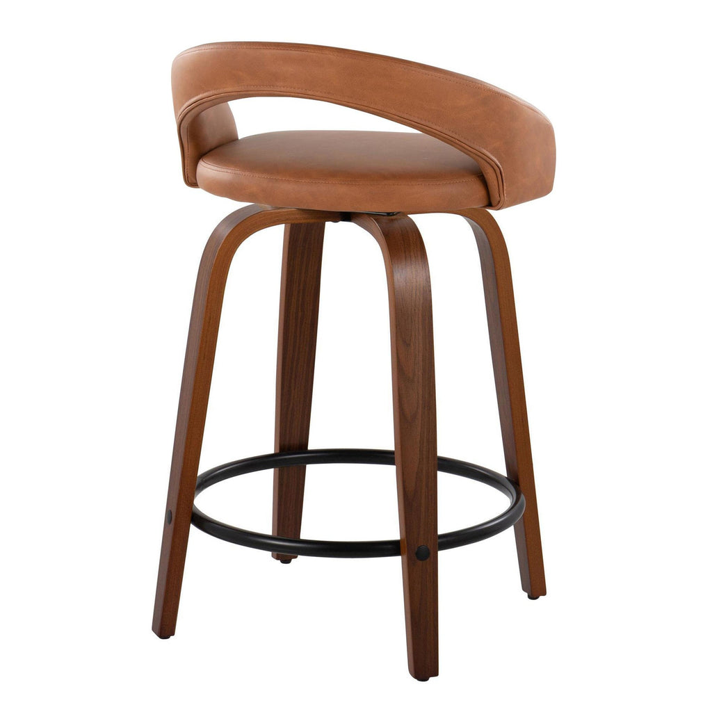 Grotto Upholstered 24" Fixed-Height Counter Stool - Set of 2 - Walnut Wood, Camel PU, Black Metal