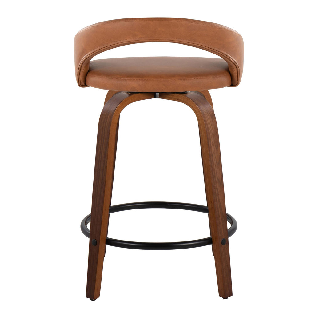 Grotto Upholstered 24" Fixed-Height Counter Stool - Set of 2 - Walnut Wood, Camel PU, Black Metal