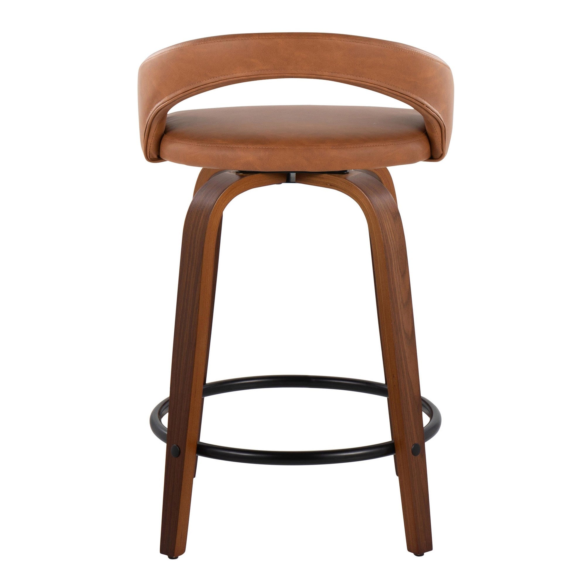 Grotto Upholstered 24" Fixed-Height Counter Stool - Set of 2 - Walnut Wood, Camel PU, Black Metal