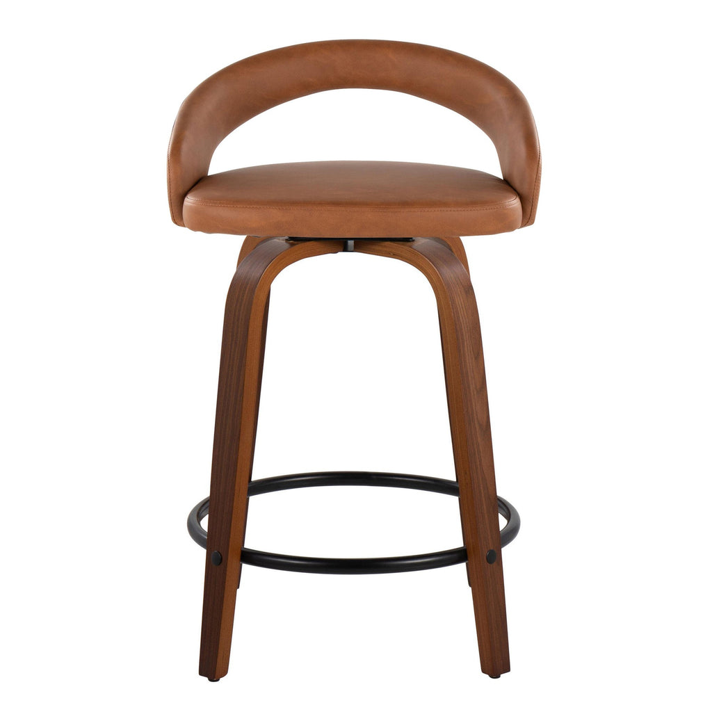 Grotto Upholstered 24" Fixed-Height Counter Stool - Set of 2 - Walnut Wood, Camel PU, Black Metal