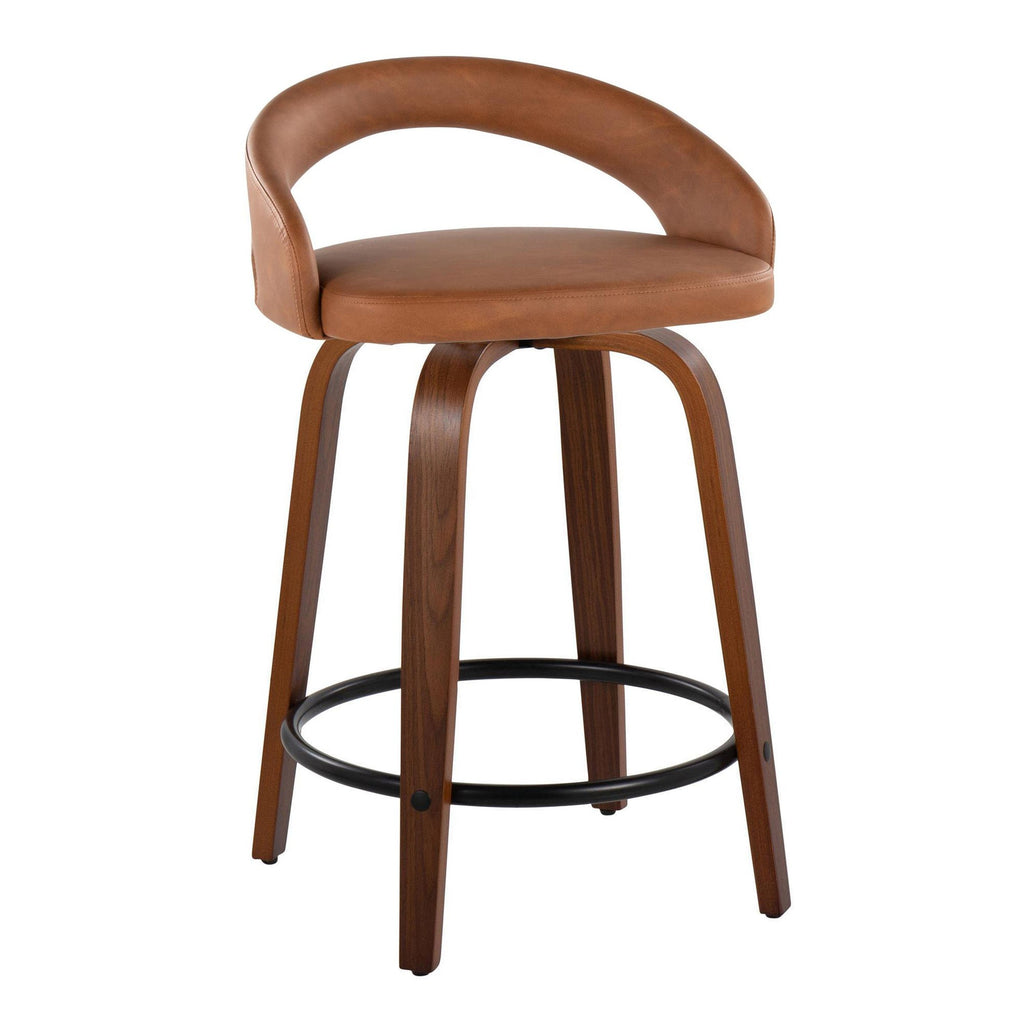 Grotto Upholstered 24" Fixed-Height Counter Stool - Set of 2 - Walnut Wood, Camel PU, Black Metal
