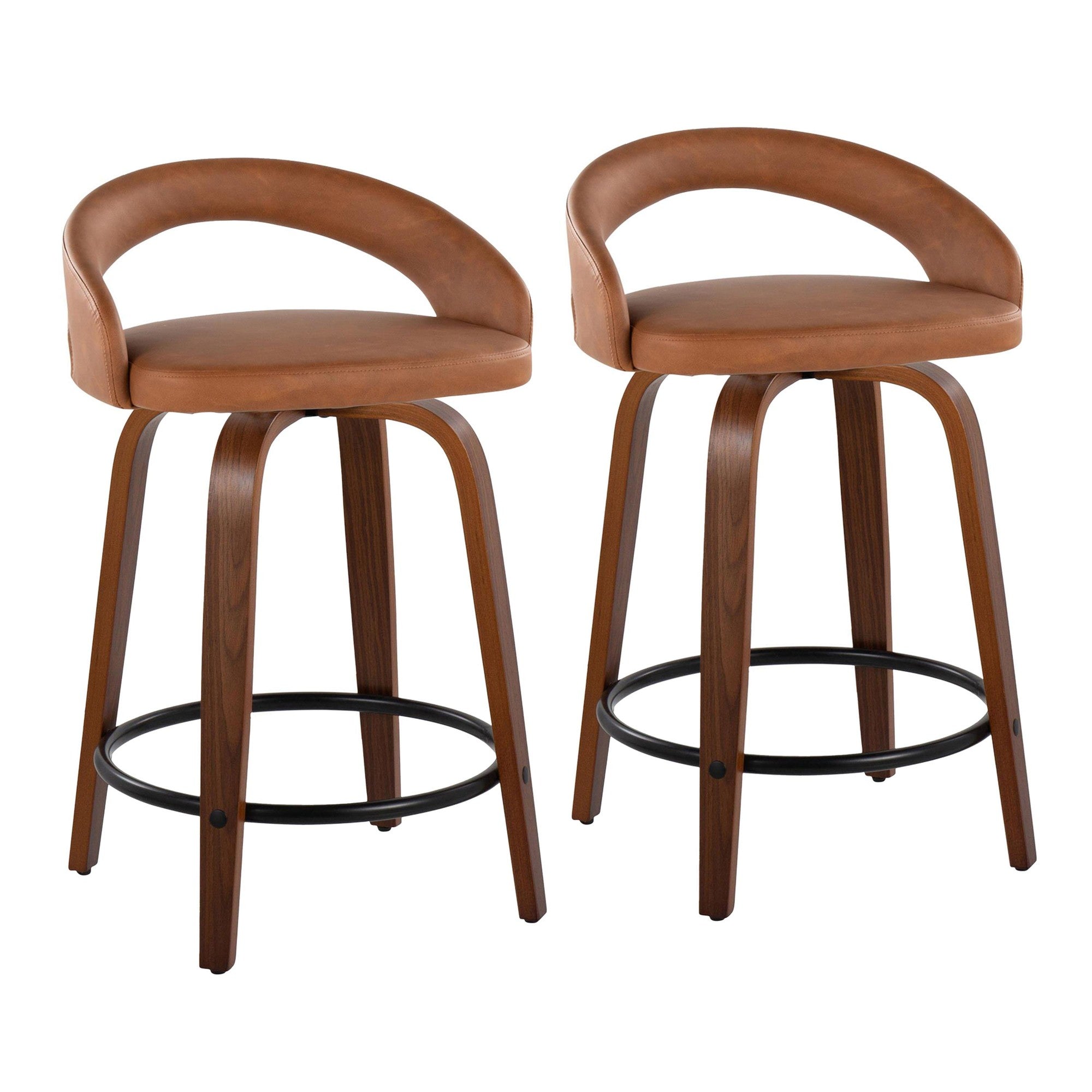 Grotto Upholstered 24" Fixed-Height Counter Stool - Set of 2 - Walnut Wood, Camel PU, Black Metal