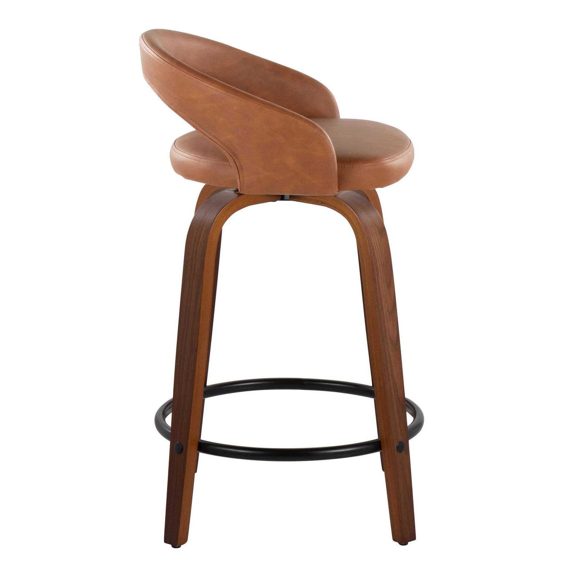 Grotto Upholstered 24" Fixed-Height Counter Stool - Set of 2 - Walnut Wood, Camel PU, Black Metal
