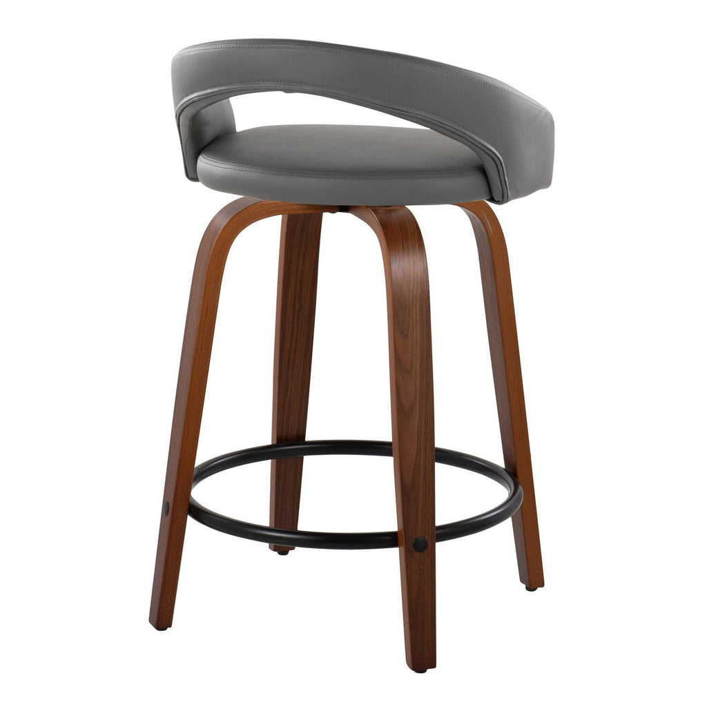 Grotto Upholstered 24" Fixed-Height Counter Stool - Set of 2 - Walnut Wood, Grey PU, Black Metal