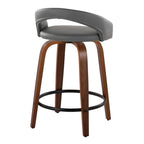 Grotto Upholstered 24" Fixed-Height Counter Stool - Set of 2 - Walnut Wood, Grey PU, Black Metal