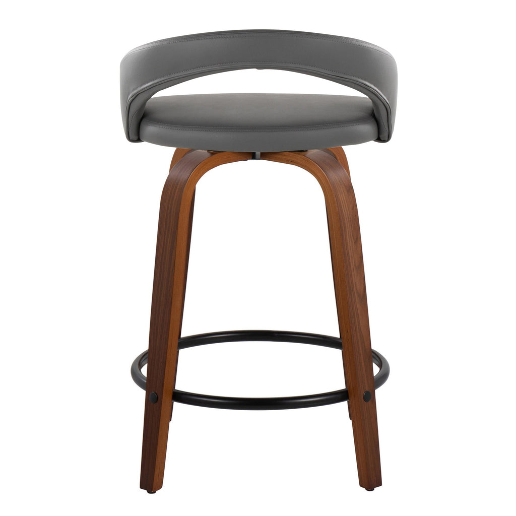 Grotto Upholstered 24" Fixed-Height Counter Stool - Set of 2 - Walnut Wood, Grey PU, Black Metal