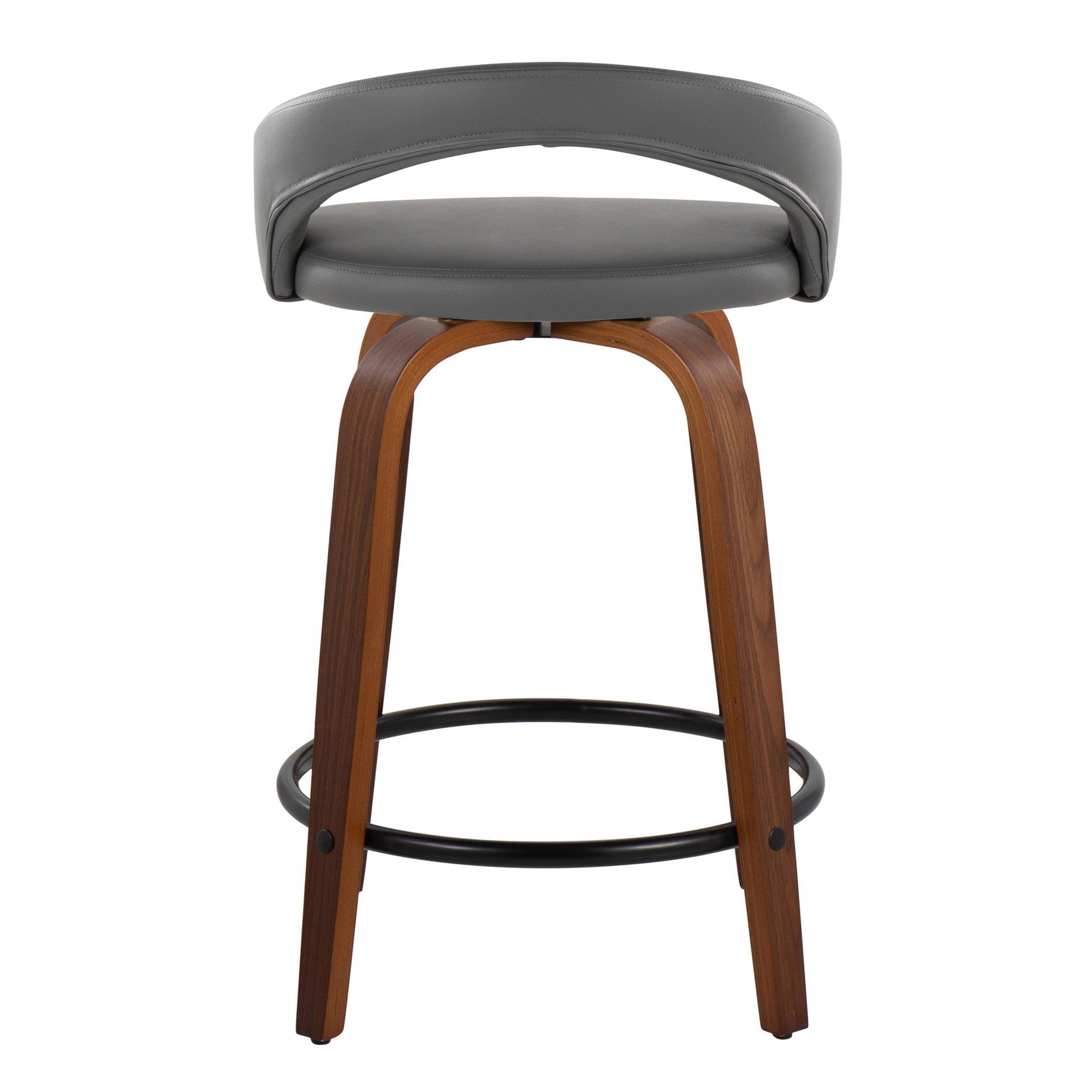Grotto Upholstered 24" Fixed-Height Counter Stool - Set of 2 - Walnut Wood, Grey PU, Black Metal