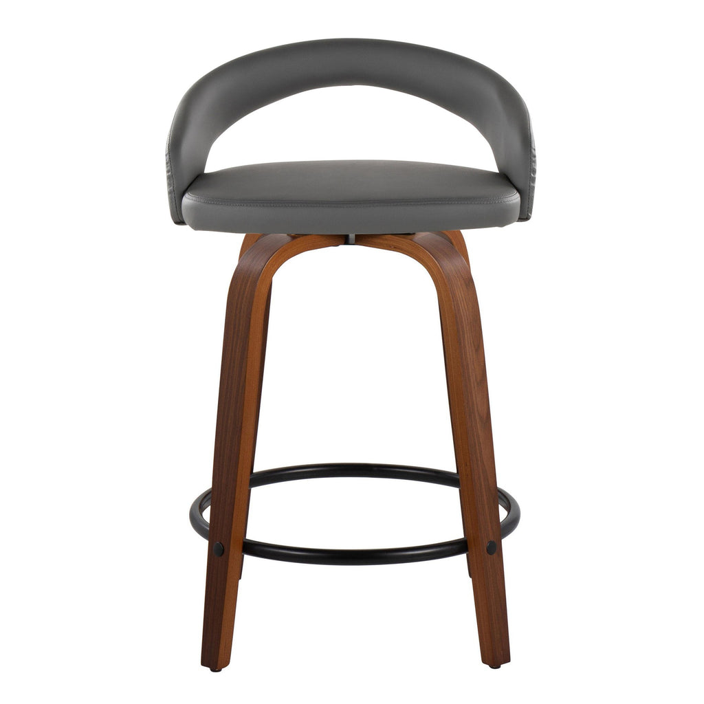Grotto Upholstered 24" Fixed-Height Counter Stool - Set of 2 - Walnut Wood, Grey PU, Black Metal