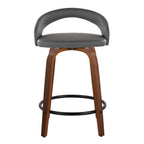 Grotto Upholstered 24" Fixed-Height Counter Stool - Set of 2 - Walnut Wood, Grey PU, Black Metal