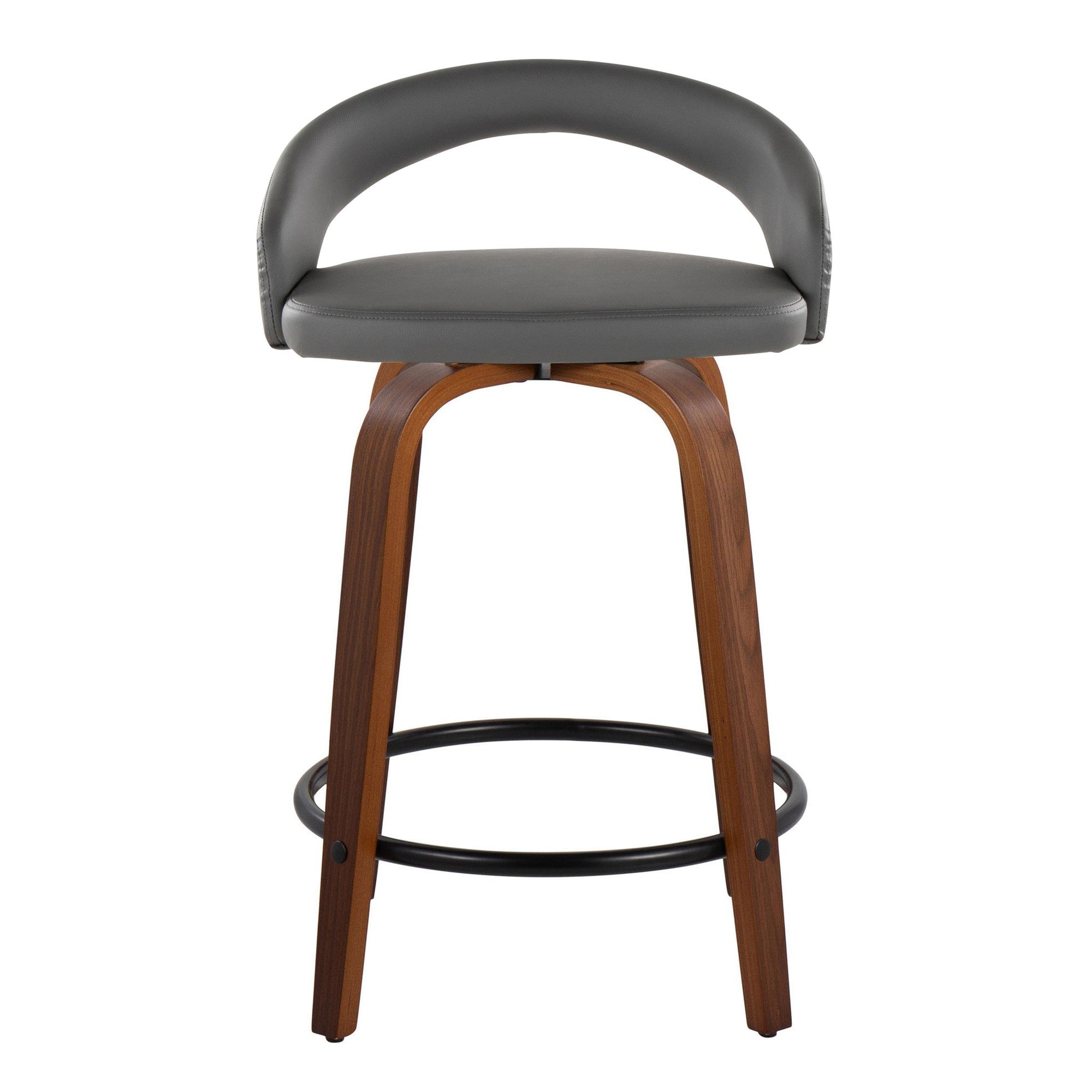Grotto Upholstered 24" Fixed-Height Counter Stool - Set of 2 - Walnut Wood, Grey PU, Black Metal