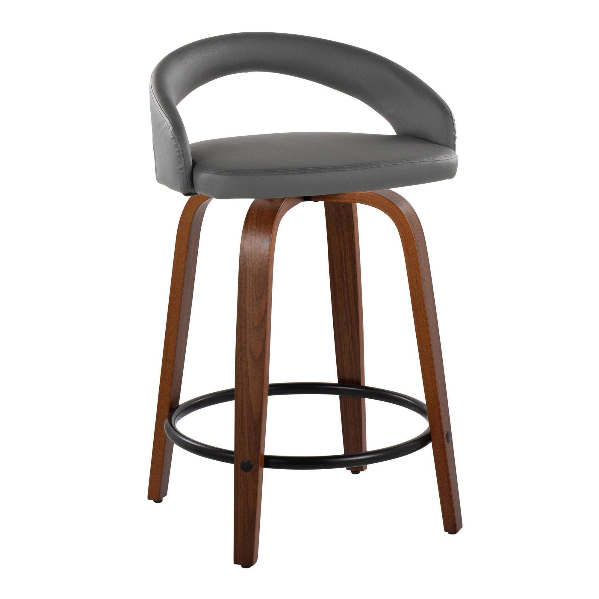 Grotto Upholstered 24" Fixed-Height Counter Stool - Set of 2 - Walnut Wood, Grey PU, Black Metal