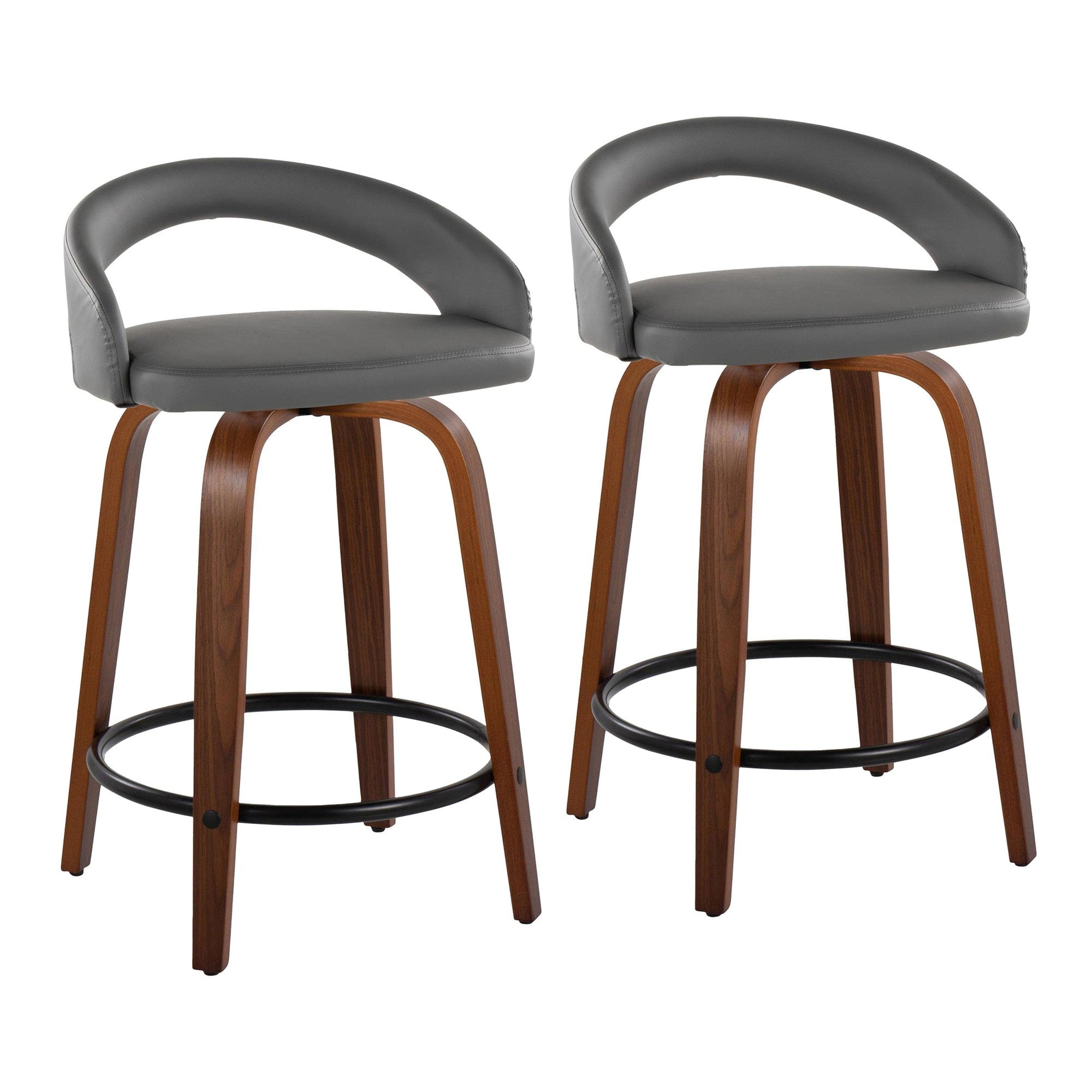 Grotto Upholstered 24" Fixed-Height Counter Stool - Set of 2 - Walnut Wood, Grey PU, Black Metal
