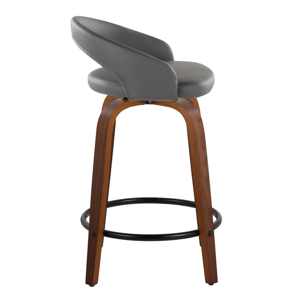 Grotto Upholstered 24" Fixed-Height Counter Stool - Set of 2 - Walnut Wood, Grey PU, Black Metal