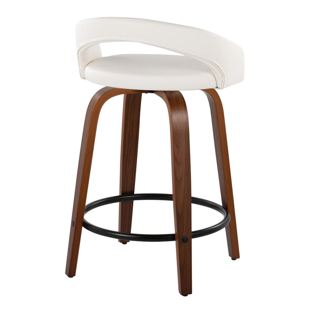 Grotto Upholstered 24" Fixed-Height Counter Stool - Set of 2 - Walnut Wood, White PU, Black Metal